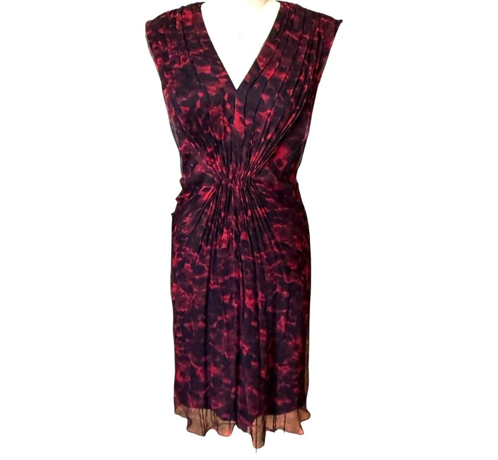 Tadashi Shoji Silk Chiffon Red & Black Print Sheath Dress Size 6